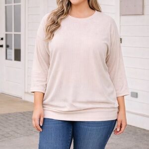 Women’s Plus Size Waffle Knit Top Cream Long Sleeve Relaxed Fit 2XL
